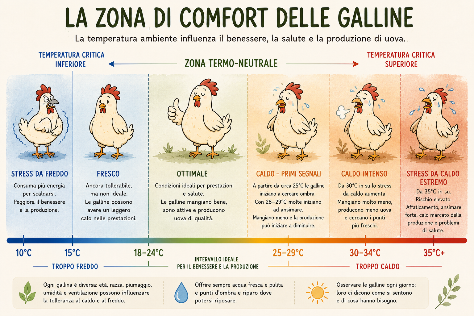 Infografica che mostra la zona di comfort delle galline e gli effetti delle alte temperature sulla produzione di uova.; galline meno uova estate