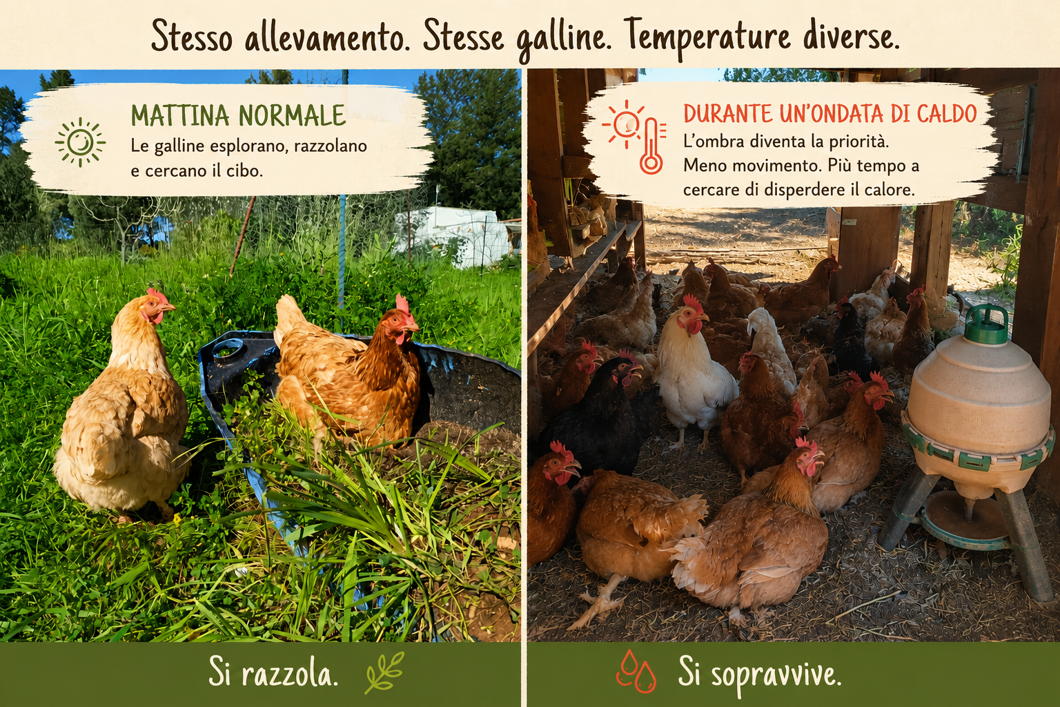 Confronto tra il comportamento delle galline in una mattina normale e durante un'ondata di caldo.